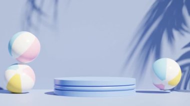 Plaj toplarıyla tropikal arka planda ürün veya reklamlar için mavi podyum veya kaide, 3D görüntüleme