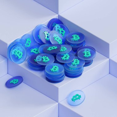 Bitcoin kripto para birimleri, e-ticaret yatırım konsepti mavi arkaplan, 3D render