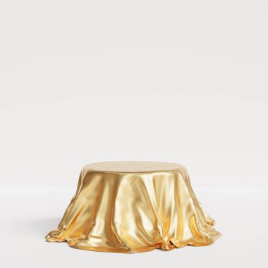 Podium or pedestal with golden cloth on white background, 3d render
