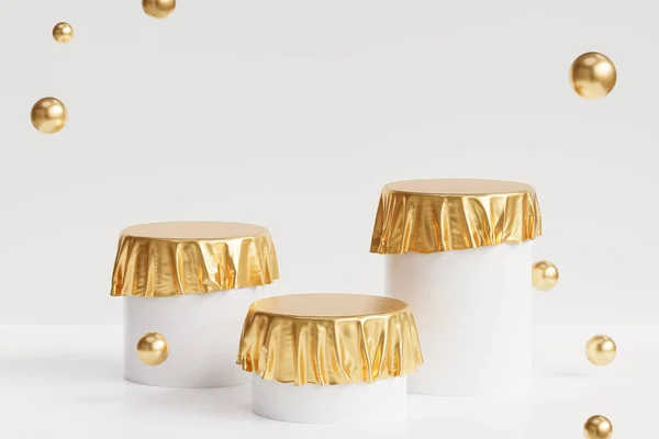 Podiums Pedestals Golden Cloth White Background Render — 图库照片