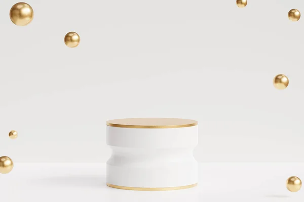 Podium Pedestal Golden Spheres White Background Render — Stockfoto