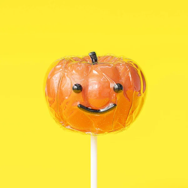 Cute Smiling Pumpkin Candy Lollipop Abstract Background Advertising Autumn Holidays — Fotografia de Stock