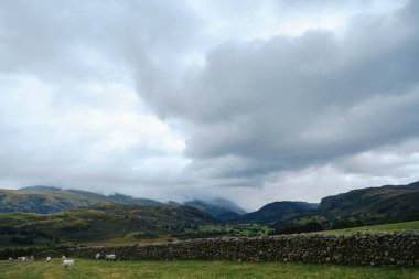 Cumbria, İngiltere, Birleşik Krallık 'ta dağlar ve koyun çiftliği manzarası
