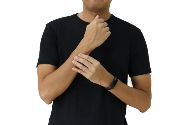 Closeup Male Arms Holding His Painful Wrist White Space Background — Stock Photo, Image