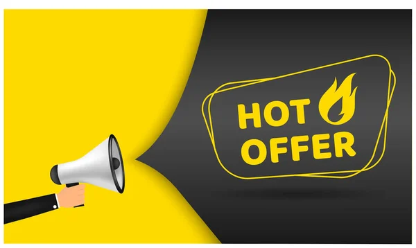 Vector Illustration Hot Offer mit Megafon. Modernes Web-Banner mit Flammenelement, Werbung und Marketing-Aufkleber. — Stockvektor