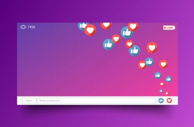 Mockup multimedya oynatıcı. Baş parmaklar ve kalplerle canlı yayın. Web penceresi sosyal medyayı canlı olarak tasvir ediyor. Masaüstü web video oynatıcı çevrimiçi. Sosyal medya konsepti. Vektör çizimi. EPS 10