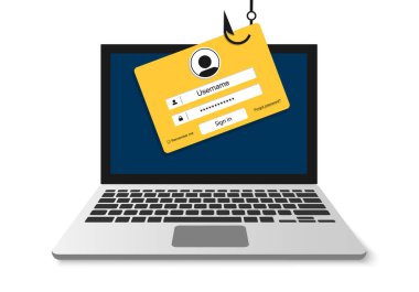 Oturum açma hesabı e-posta zarf ve balıkçılık kanca içine. Internet Kimlik avı, saldırıya uğramış oturum açma ve parola. Ağ ve Internet güvenliği. Anti virüs, spyware, malware. Düz stil vektör çizim