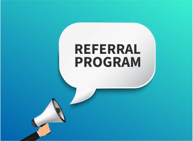 3D konuşma baloncuklu erkek el megafonu. İş, pazarlama ve reklam afişi. Vektör stok illüstrasyonu.