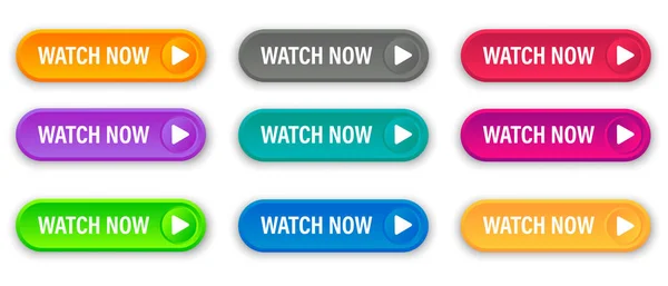 Vector illustration watch now colorful button set on white background. Flat line gradient button collection. web element — Stockvektor