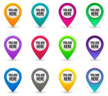 You are here sign mark icon set. Map pin symbol vector illustration. clipart