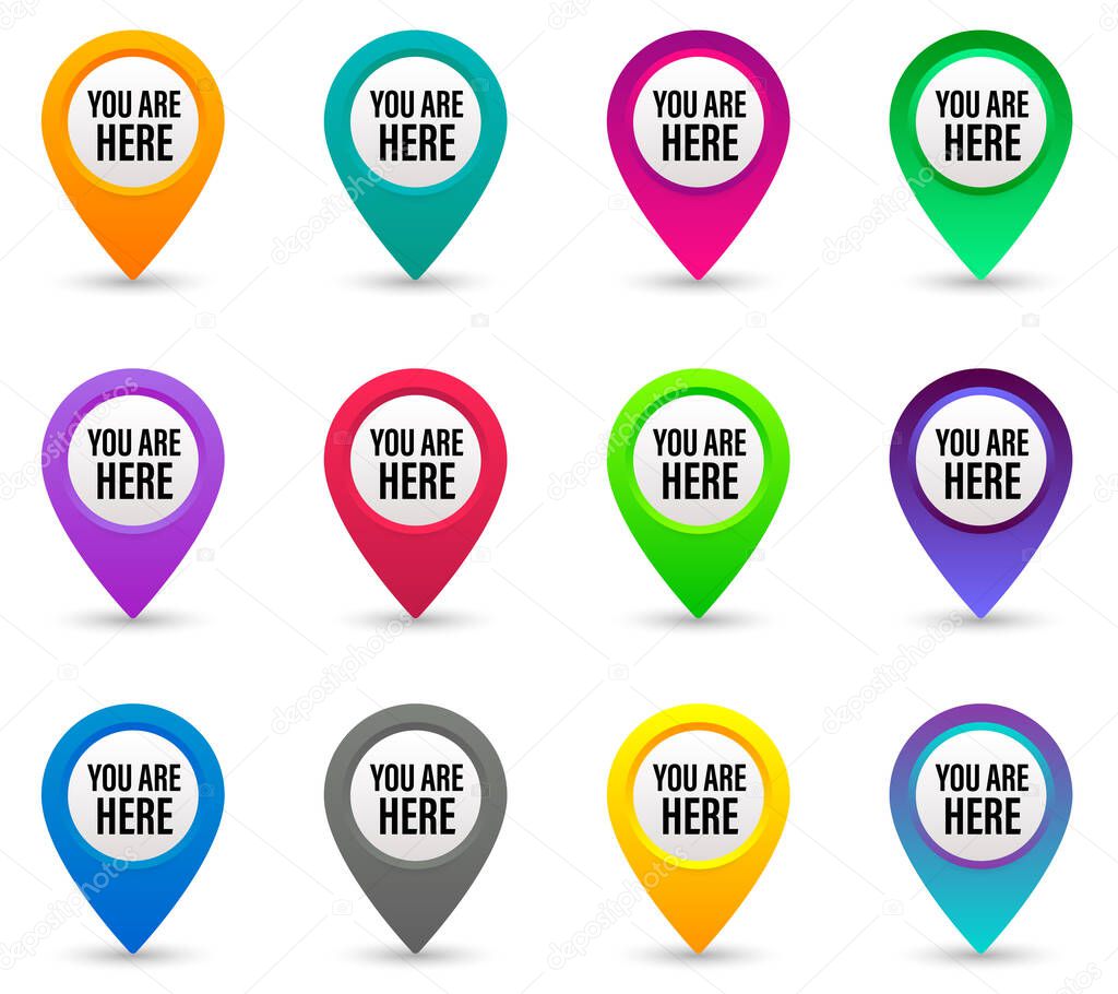 You are here sign mark icon set. Map pin symbol vector illustration.