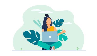 Smiling woman working with laptop. Concept illustration, working process, management, freelance, office, work from home, business meeting via internet, communication. Bright colorful vector design.