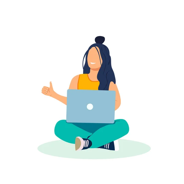 Girl sitting crossed legs with laptop and thumbs up. Vector illustration in flat cartoon style — Vettoriale Stock