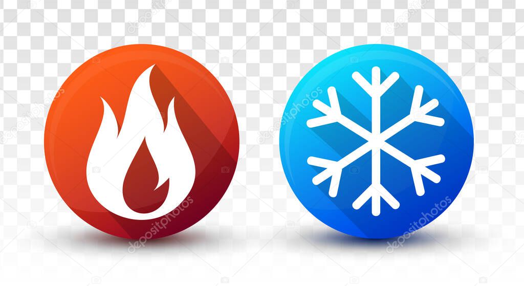 3D Hot and cold icon set with flame and snowflake. Cooling and heating button design concept on transparent. Vector Illustration