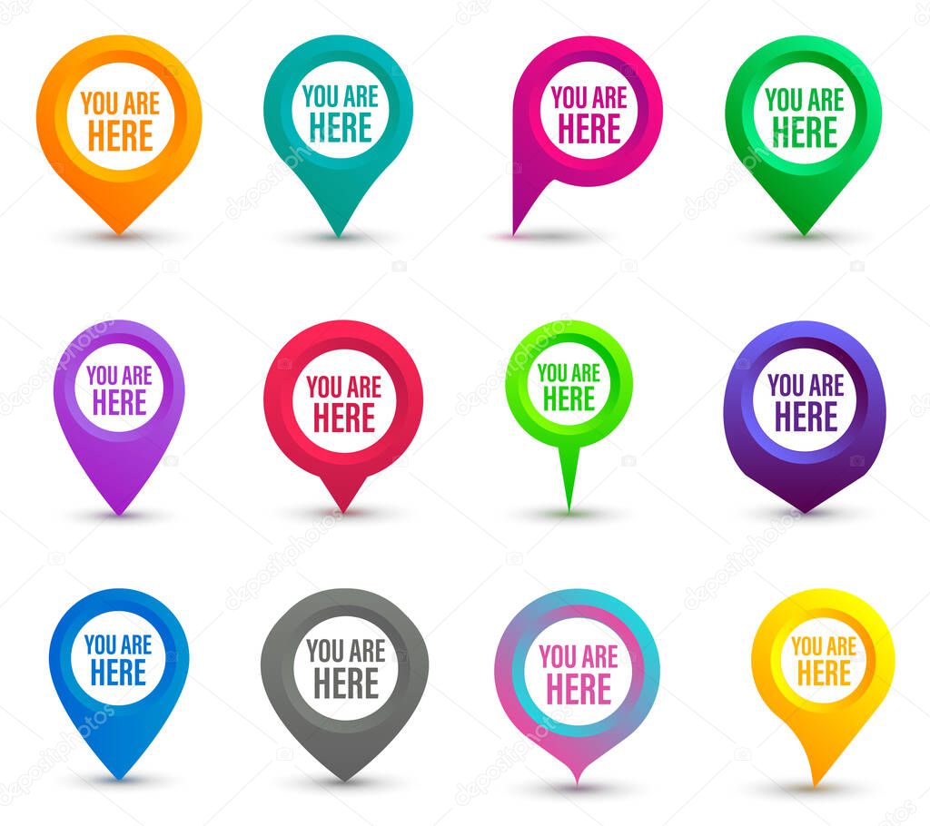 You are here sign icons pin marks set. Destination or location point set, concept. Pin position marker design