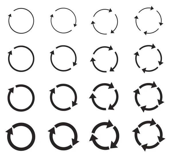 Set di frecce circolari che ruotano su sfondo bianco. Aggiornare, ricaricare, riciclare, ciclo di raccolta dei segni di rotazione. Frecce circolari nere per infografica, web design. Illustrazione vettoriale, stile piatto, clip art. — Vettoriale Stock