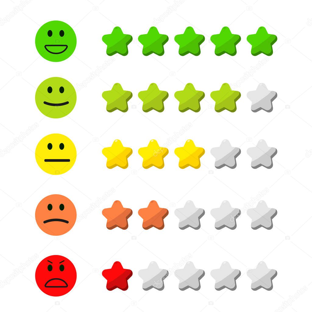 Emoji Feedback Scale with Stars Line Icon. Customers Mood from Happy Good Face to Angry and Sad Concept. Emoticon Feedback. Level Survey of Customer Satisfaction. Isolated Vector Illustration