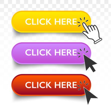 İmleç ile buraya tıklayın. Düğme web sitesi tasarımına ayarlandı. Tıkla düğmeye. Fare sembollü modern eylem düğmesi. Bilgisayar faresi imleci ya da El imleci simgesi