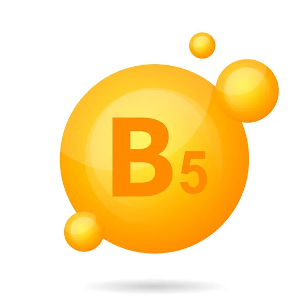 Vitamina b5 icono de la píldora. Cuidado nutricional del ácido pantoténico. Esencia de gota de oro. Símbolo vectorial dorado aislado de la vitamina b5 — Vector de stock