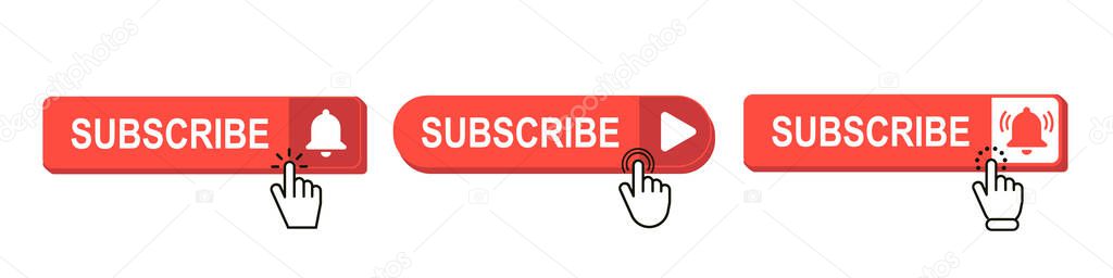 Subscribe Button Set With Hand Cursor - Different Vector Illustrations - Isolated On White Background.