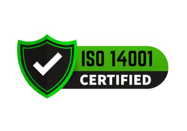 ISO 14001 sertifikalı rozet, kutsal kişilerin resmi. Sertifika damgası. Düz tasarlamak vektör. Vektör çizim.