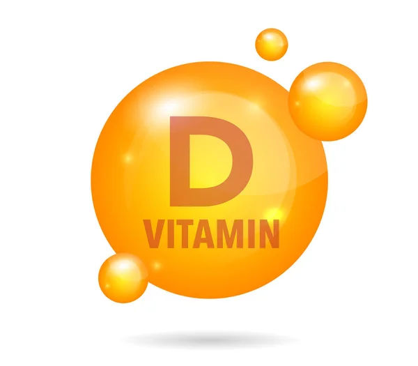 Vitamina D, cápsula de píldora de oro. burbuja amarilla, diseño de ilustración vectorial realista — Archivo Imágenes Vectoriales
