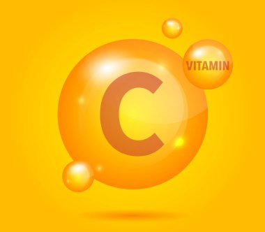 C vitamini altın renkli ikon. Akrep asidi. Parlak altın madde damlası. Deri bakımı. Sarı Arkaplan Vektörü illüstrasyonu
