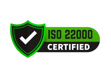 ISO 22000 sertifikalı yeşil rozet, ikon. Sertifika damgası. Düz tasarım vektörü.