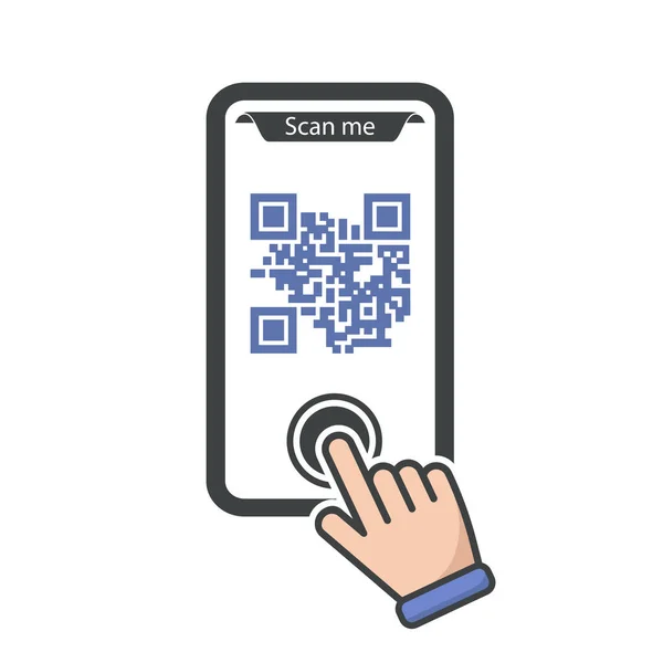 Bouton mobile d'application de code QR de smartphone avec le signe de balayage et le pointeur de main Illustrations vectorielles isolées sur fond blanc — Image vectorielle
