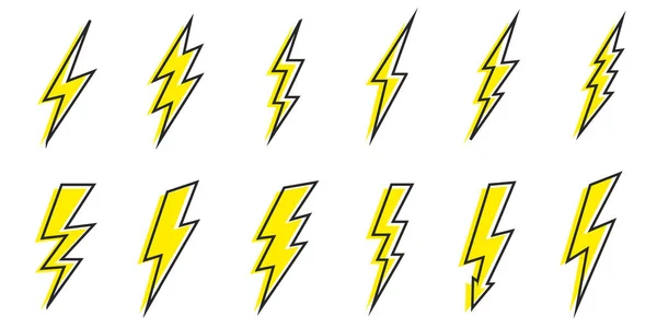 Cartoon lightning doodle set. Hand drawn thunder bolts, black line art and color. Vector illustration collection, isolated on white background — Stock Vector