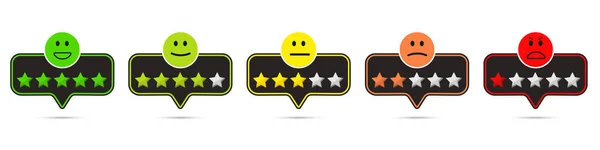 Vector emoticons etikett för rating undersökning, recensioner. Humörsvängningar från arg till lycklig. Runda färgade svarta redigerbara stroke ikoner. Nöjdhetsskala, stjärnor utmärkt, bra, normal, dålig, hemskt — Stock vektor