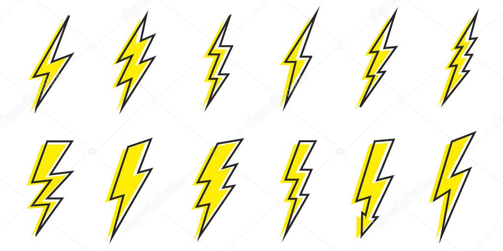 Cartoon lightning doodle set. Hand drawn thunder bolts, black line art and color. Vector illustration collection, isolated on white background