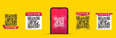 QR kodu ayarlandı. QR kod simgesini tara. Akıllı telefon için QR kodunu tara. Cep telefonu uygulaması, ödeme ve telefonun QR kodu. Vektör illüstrasyonu