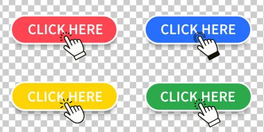 İmleç ile buraya tıklayın. Düğme web sitesi tasarımına ayarlandı. Düğme kuruldu. Bilgisayar faresi imleci ya da El imleci simgesi