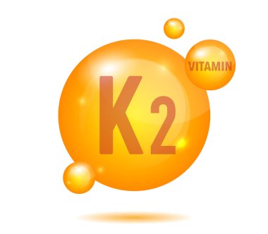 Vitamin K2 altın parlayan 3D hap. Akrep asidi. Vektör illüstrasyonu