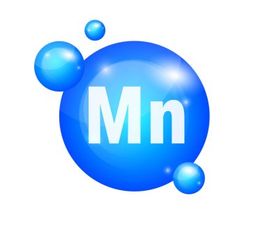 3D Mineral Mn Manganez hap kapsülü. Güzellik, kozmetik ve sağlık reklamları için mavi beslenme tasarımı. Gerçekçi mineral Mn Manganez tasarımı