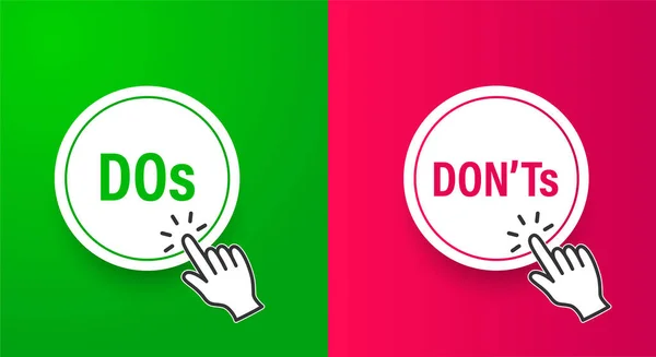 Dos i donts. Podpisz post wskazujący Dos vs Donts. Pojęcie słabego lub dobrego wyniku testu lub oceny wyników. — Wektor stockowy