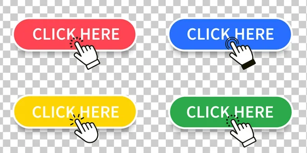Clique aqui Botão com cursor de mão. Definir para o design do site botão. conjunto de botões. Computador mouse clique cursor ou símbolo ponteiro mão — Vetor de Stock