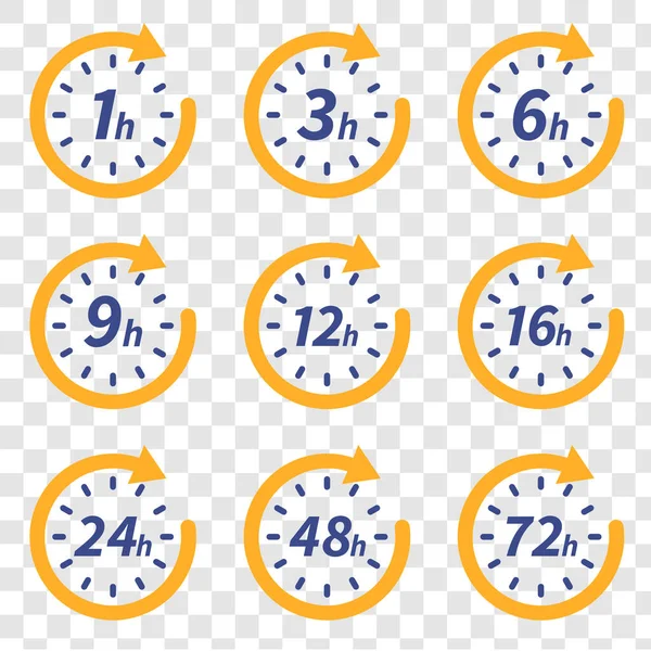 Ilustración vectorial flecha del reloj 1, 3, 6, 9, 12, 16, 24, 48, 72 horas. Conjunto de iconos de tiempo de servicio de entrega — Archivo Imágenes Vectoriales