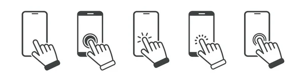 Set of hand touch screen smartphone icons, click. Hand click, press touch screen — Stock Vector