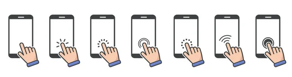 Elle dokunmalı akıllı telefon simgeleri, tıklayın. El tıklayın, dokunmatik ekrana basın. — Stok Vektör