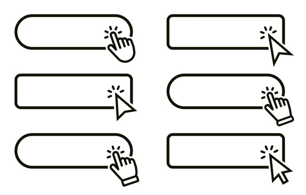 Klicken Sie hier mit der Hand oder dem Mauszeiger. Klicken Sie auf Schaltfläche. Moderne Aktionstaste. Computermauszeiger oder Handzeiger-Symbol. Set für Schaltfläche Website-Design — Stockvektor