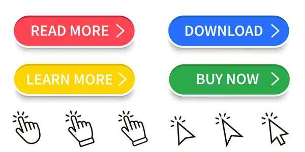 Lesen Sie mehr, downloaden und kaufen Sie jetzt moderne Buttons für die Webseite. Handzeiger und Pfeilklickset. Vektor — Stockvektor