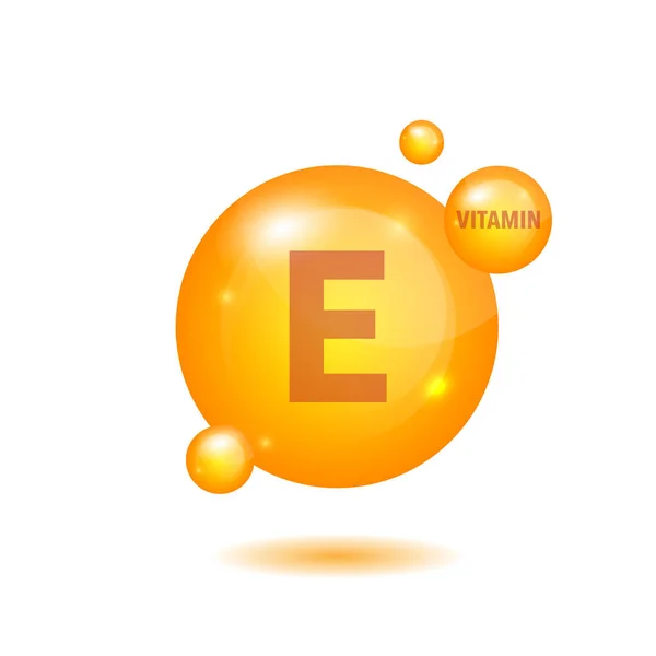 Zářící ikona vitamínu E. Kyselina askorbová. Kapka zářící zlaté látky. Výživová péče. Vektorové Royalty Free Stock Ilustrace