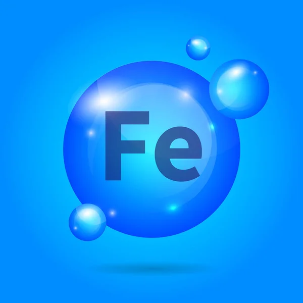3D Ásványi Fe Iron csepp tabletta kapszula. Kék táplálkozás design szépség, kozmetikai, egészségügyi reklám. Realisztikus ásványi anyag Fe Iron design — Stock Vector