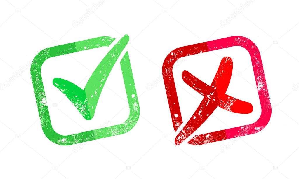 red x and green check mark, grungy rubber stamp. vector