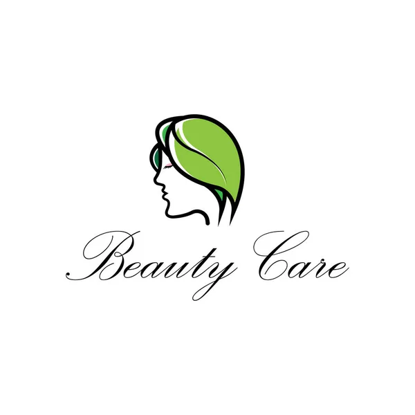 Beleza Natural Moda Logotipo Ilustração Mulher Rosto Folha Vetor Design — Vetor de Stock