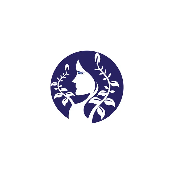 Натуральна Краса Жінка Логотип Листя Стебла Ілюстрація Кругового Дизайну Вектор — стоковий вектор