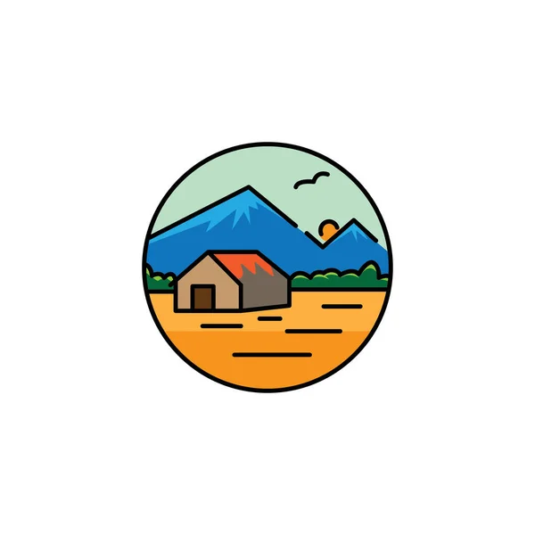 Paisagem Montanhosa Rural Ilustração Design Fora Linha Cor Círculo Vetor — Vetor de Stock