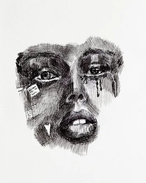 Плачущая Девушка Иллюстрация Детальный Рисунок Женщины Слезами Щеке Нарисованный Черным Стоковая Картинка